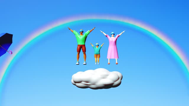 Father, mother, child, rainbow, clouds and umbrella