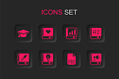 Set User manual, Romance book, Graduation cap, FB2 File, Translator, Book, Financial and about weapon icon. Vector