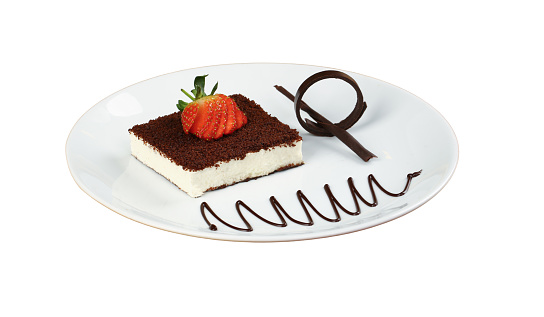 Tiramisu with strawberry chocolate topping, Italian food, dessert, European food, breakfast, dessert on white background