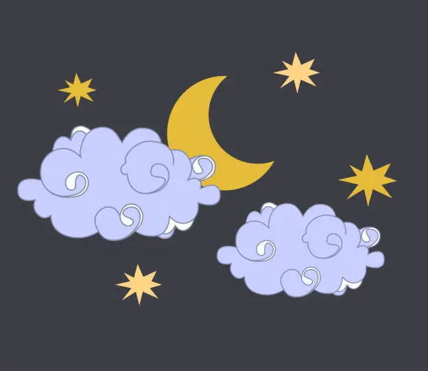 Vector illustration of Crescent moon in clouds, stars, vector design on dark background