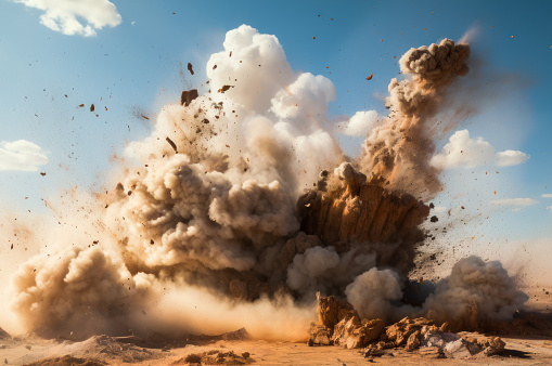 Huge blaze and dust clouds after detonator blast