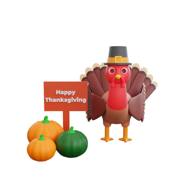 istock 3D Thanksgiving turkey with a board that says Happy Thanksgiving surrounded by vegetables 1772183652