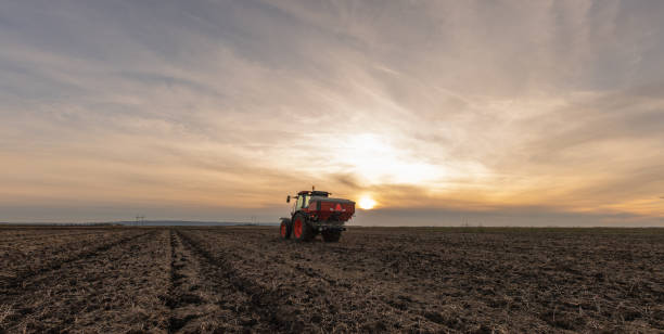 istock Tractor spreading artificial fertilizers in field 1772198586