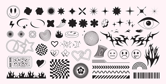 y2k geometric black shapes, figures, icons. Set of abstract acid rave elements. Retro funky flowers, stars, emoji, checkered pattern, hearts. 2000s tattoo design. Minimal vector graphic