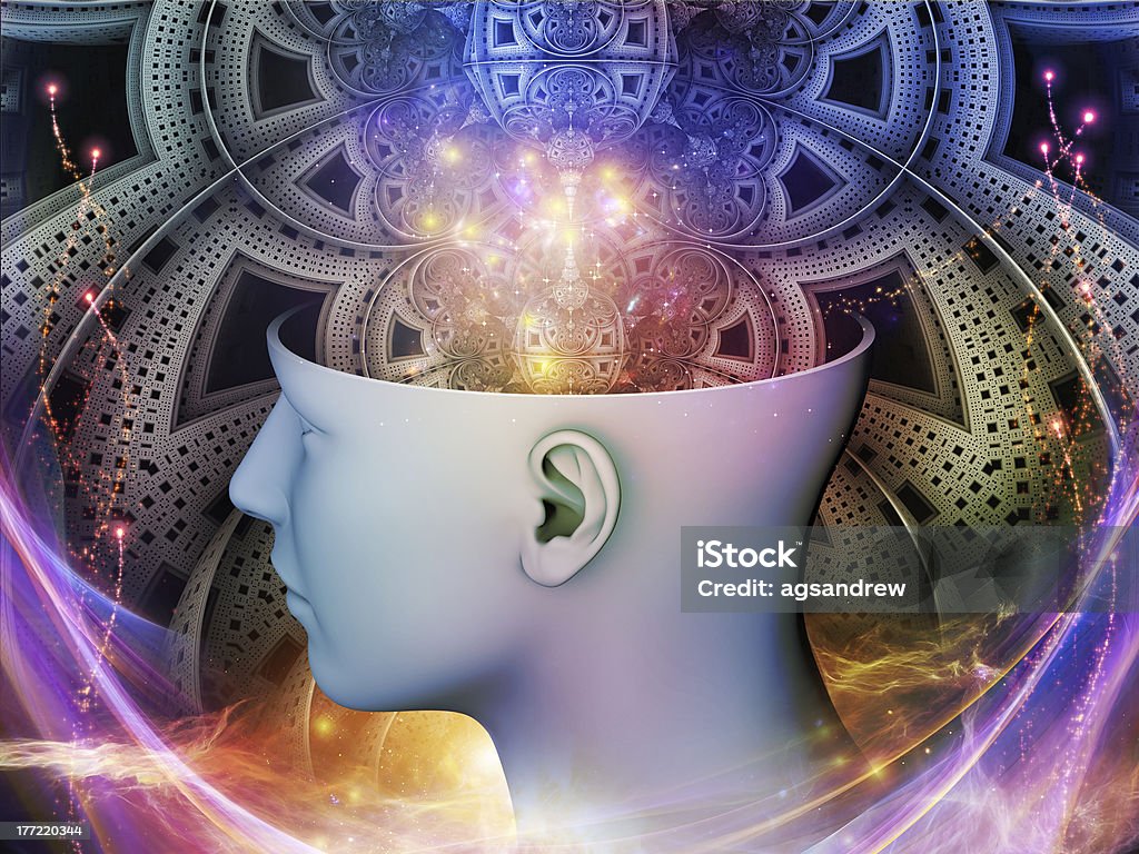 Mind Technologies Abstract composition of human head and symbolic elements suitable as element in projects related to human mind, consciousness, imagination, science and creativity Dreamlike Stock Photo