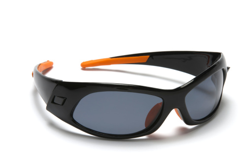 black and orange wrap around men's sunglasses on 255 white background.