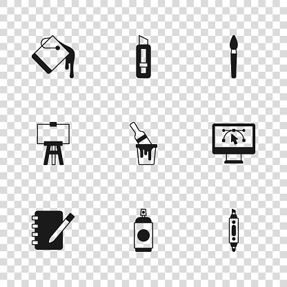 istock Set Paint spray can, Computer with design program, Marker pen, bucket brush, Stationery knife and Wood easel icon. Vector 1772230133