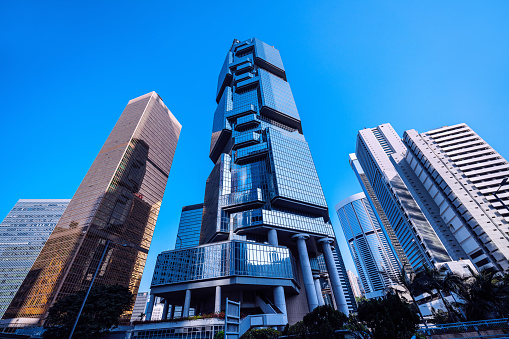 Commercial buildings in Hongkong, view from low angle