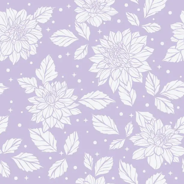 Vector illustration of Pastel purple detailed floral vector pattern with dots, stars and hand drawn dahlia illustrations, magical seamless repeat background with flowers, cute wallpaper.