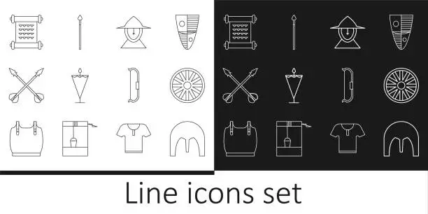 Vector illustration of Set line Medieval iron helmet, Old wooden wheel, flag, crossed arrows, Decree, parchment, scroll, bow and spear icon. Vector