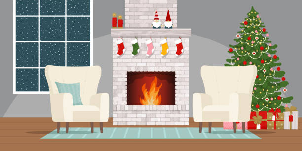 Cozy interior with brick classic fireplace, armchairs, and decorated Christmas tree. Vector illustration Cozy interior with brick classic fireplace, armchairs, and decorated Christmas tree. Christmas holidays. Vector illustration in flat style fireplace and armchair stock illustrations