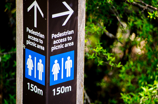 Direction Sign for Pedestrian access to picnic area in 150 meters, contains information designed to direct people to the location.
