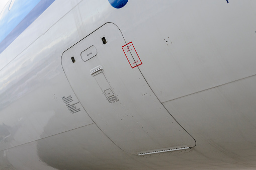 Luggage hold doors on the lower fuselage of a short range passenger aeroplane