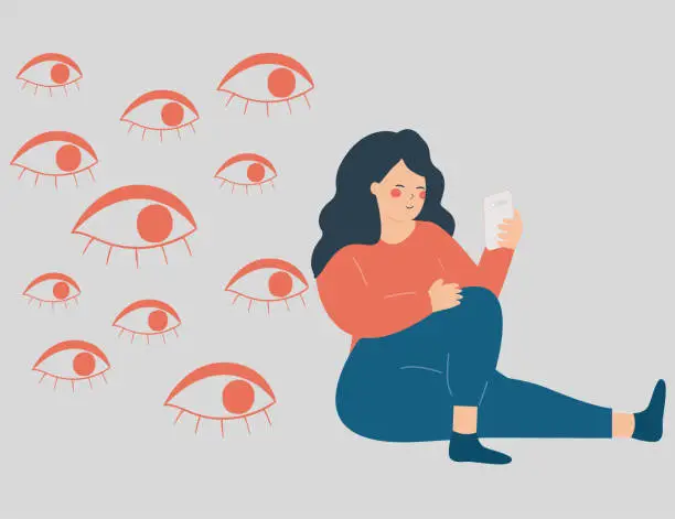 Vector illustration of Woman being watched online by people. Spywares softwares on mobiles. Big eyes peek at a screen phone of a girl. Spying and cuber security concept