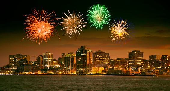Happy New Year Fireworks on Halifax Nova Scotia. Canada. Toned Image.