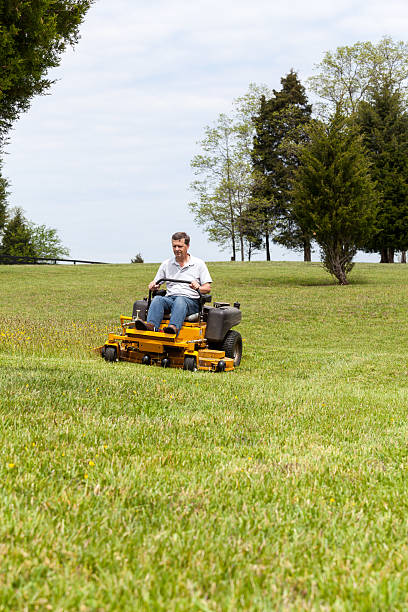 istock Senior man rides zero turn lawn mower on turf 177227355