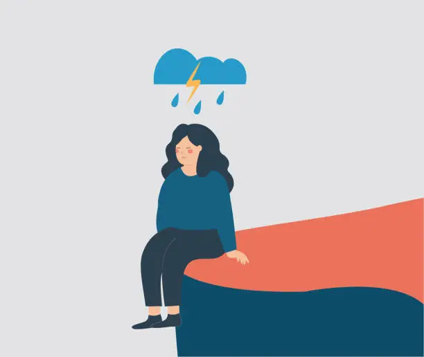 Vector illustration of Sad woman sits on the edge of a cliff suffers from mental health disorders. Unhappy girl with tangled thoughts. Concept of depression and stress.