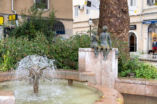 Rijeka, Croatia - September 23, 2023: Fountain of Friendship at Jelacic Square. The fountain is the work of Japanese artist Katsuzo Entsuba