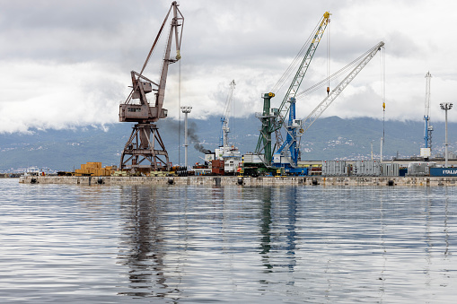 Rijeka, Croatia - September 23, 2023: View of Susak breakwater in Port Rijeka with port cranes