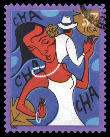 USA postage stamp of 2005 showing an abstract image of a couple dancing the Cha Cha Cha
