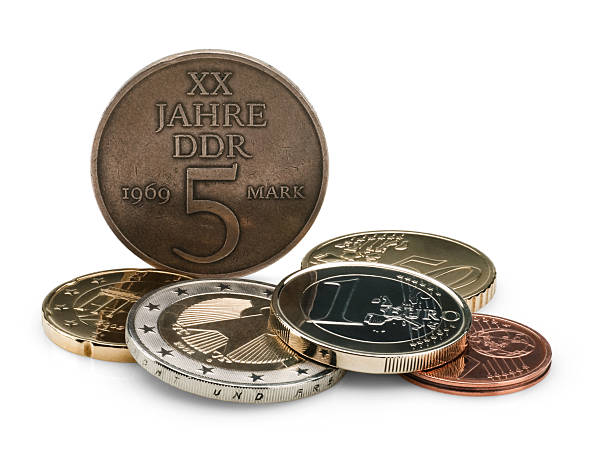 moedas da rda (ddr) e a união europeia. - european union coin european union currency coin isolated objects imagens e fotografias de stock