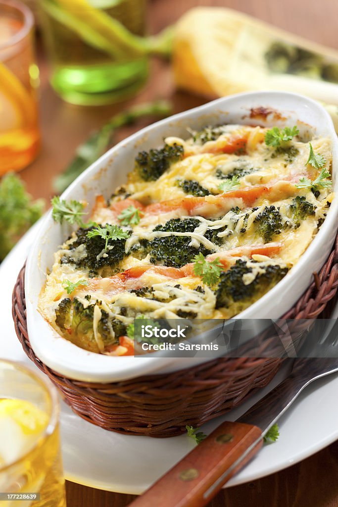 broccoli and salmon  gratin broccoli and salmon  gratin with cheese Casserole Stock Photo