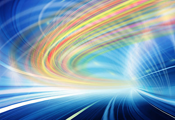 Abstract speed motion in urban highway road tunnel, blurred motion toward the light. Computer generated colorful illustration. Light trails, fiber optics technology background.