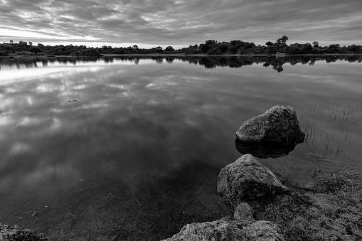 A black and white image of an aged lake, featuring a rock resting on its shore