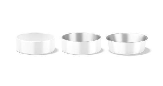 Blank white ceramic and metal dog bowl mockup, side view, 3d rendering. Empty round stoneware and chrome can for pet mock up, isolated. Clear food plate for domestic animals template.