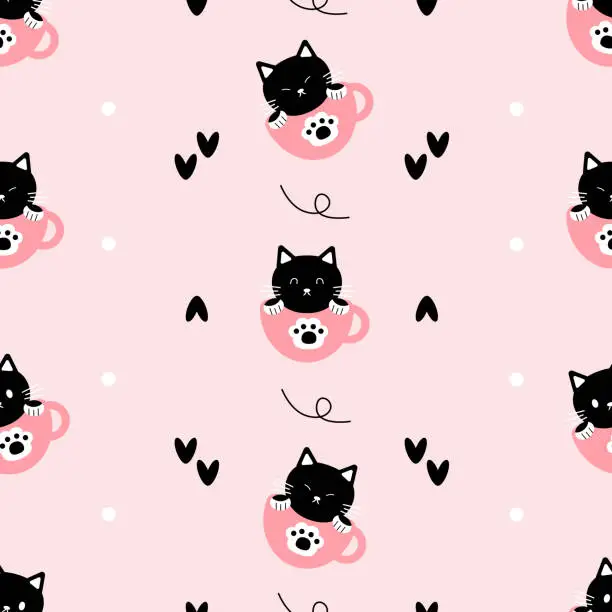Vector illustration of Cute cat sitting in coffee cup seamless pattern