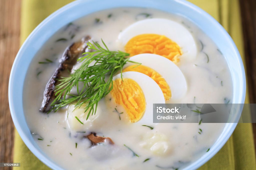 Sour cream soup Sour cream dill soup with mushrooms and boiled egg Appetizer Stock Photo