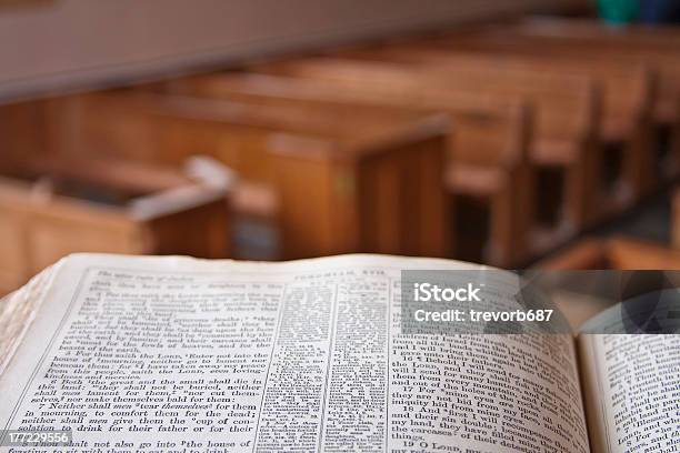 Bible Open In A Church With Wooden Chairs Stock Photo - Download Image Now - Pulpit, Church, Bible