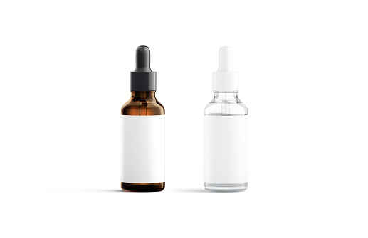 Blank transparent and amber glass dropper bottle white label mockup, 3d rendering. Empty pipette beauty ampule with care pharmacy mock up, isolated, front view. Clear essential package template.