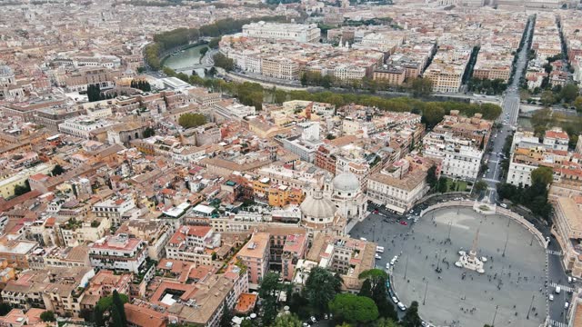 Aerial view of Rome. Piazza del Popolo. People's square in Rome, Italy and river Tiber