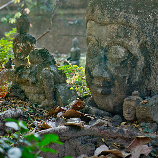 stone buddha head lying on moss in nature