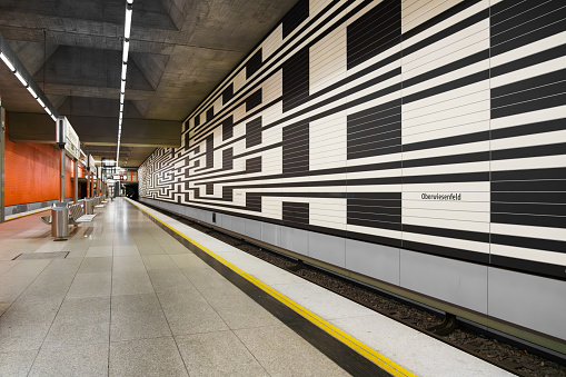 Germany, Munich, Bavaria, July 29, 2023. Oberwiesenfeld empty metro station platform. Platform. Interior design.