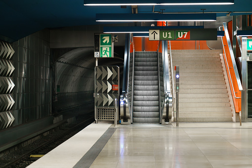 Germany, Munich, Bavaria, July 29, 2023. Oberwiesenfeld empty metro station platform. Platform. Interior design. U1, U7