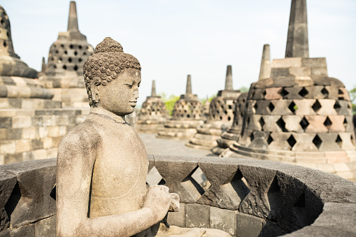 (Selective focus) Stunning view of a Buddha Statue in the foreground and some bell shaped stupas in the background. Borobudur is a Mahayana Buddhist temple in Indonesia.