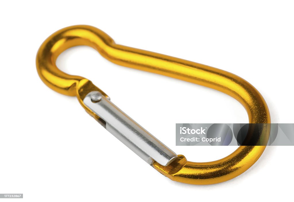 Carabiner Single golden aluminium carabiner isolated on white Anchor - Vessel Part Stock Photo