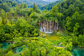 Aerial view of the lakes with waterfalls, Plitvice Lakes National Park, Croatia