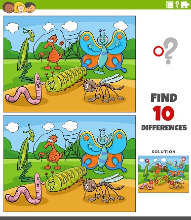 Cartoon illustration of finding the differences between pictures educational activity with insects characters