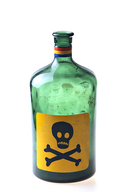 Green poison bottle Studio shot of an empty poison bottle isolated on white. medicine and science drop close up studio shot stock pictures, royalty-free photos & images