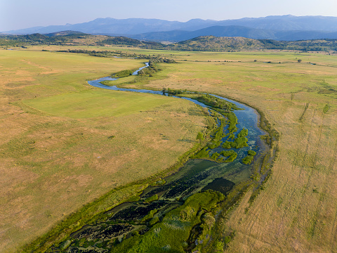 The aerial view of Cetina River in the karst plain, Croatia