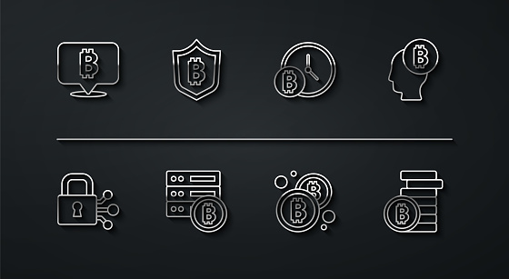 Set line Bitcoin Lock with bitcoin think Server Shield and clock icon. Vector.