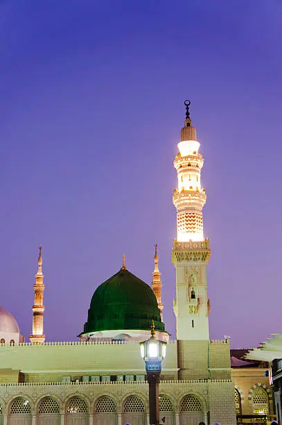 Masjid Al Nabawi or Nabawi Mosque (Mosque of the Prophet) at sunrise in Medina (City of Lights) or Al Madinah, Saudi Arabia.Nabawi mosque is Islam's second holiest mosque after Haram Mosque (in Mecca, Saudi Arabia)