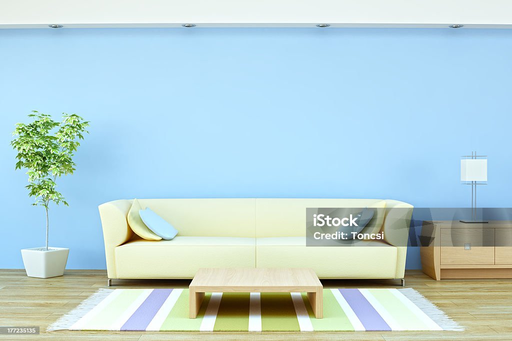 Interno con divano, pianta e lampada - Foto stock royalty-free di Accogliente