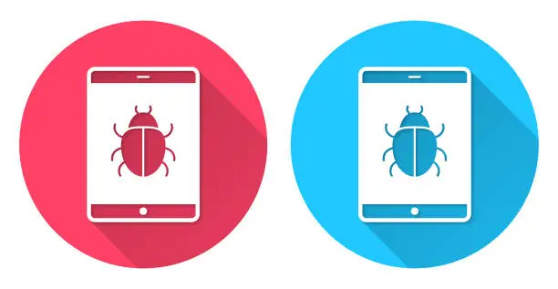 Vector illustration of Tablet PC with bug. Round icon with long shadow on red or blue background