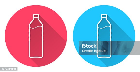 istock Bottle of water. Round icon with long shadow on red or blue background 1772354565