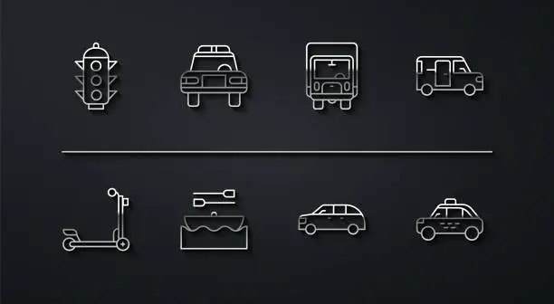 Vector illustration of Set line Traffic light, Scooter, Minibus, Hatchback car, Boat with oars, Police and flasher, Taxi and Delivery cargo truck icon. Vector