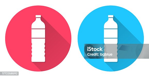 istock Bottle of water. Round icon with long shadow on red or blue background 1772358592